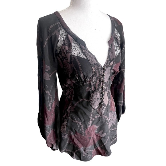 Rebecca Taylor Silk Dark Floral Lace Babydoll Top Romantic Witchy Whimsigoth 2 - Picture 3 of 11